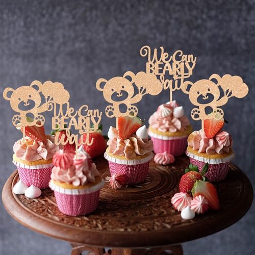24 PCS We Can Bearly Wait Cupcake Toppers Glitter Balloon Bear Cupcake Picks Baby Shower Cake Decorations for Gender Reveal Theme Baby Shower Kids Birthday Party Supplies Champage Gold