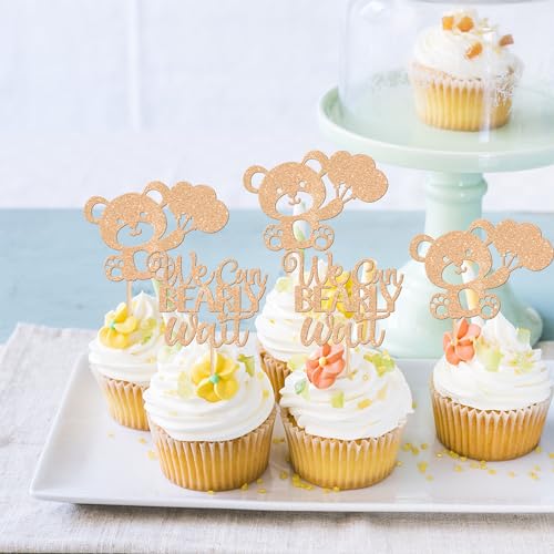 24 PCS We Can Bearly Wait Cupcake Toppers Glitter Balloon Bear Cupcake Picks Baby Shower Cake Decorations for Gender Reveal Theme Baby Shower Kids Birthday Party Supplies Champage Gold