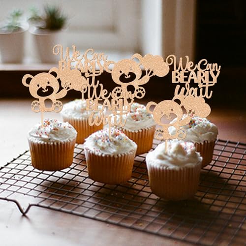 24 PCS We Can Bearly Wait Cupcake Toppers Glitter Balloon Bear Cupcake Picks Baby Shower Cake Decorations for Gender Reveal Theme Baby Shower Kids Birthday Party Supplies Champage Gold