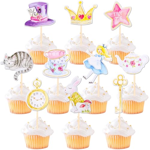 40 PCS Alice In Wonderland Cupcake Toppers Bowl Key Clock Fairy Eat Me Cupcake Picks Cat Bunny Try Me Cupcake Topper for Tea Party Baby shower Kids Girls Birthday Party Cake Decorations Supplies