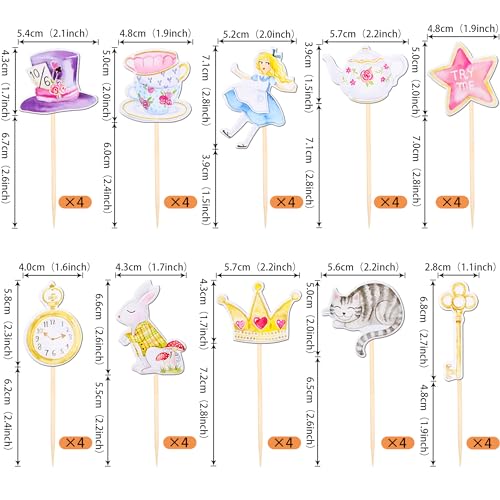 40 PCS Alice In Wonderland Cupcake Toppers Bowl Key Clock Fairy Eat Me Cupcake Picks Cat Bunny Try Me Cupcake Topper for Tea Party Baby shower Kids Girls Birthday Party Cake Decorations Supplies