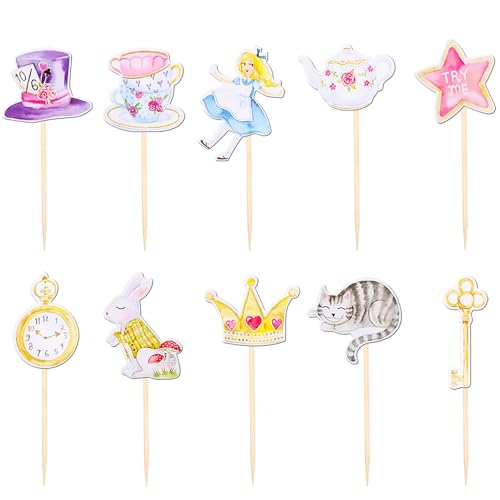 40 PCS Alice In Wonderland Cupcake Toppers Bowl Key Clock Fairy Eat Me Cupcake Picks Cat Bunny Try Me Cupcake Topper for Tea Party Baby shower Kids Girls Birthday Party Cake Decorations Supplies