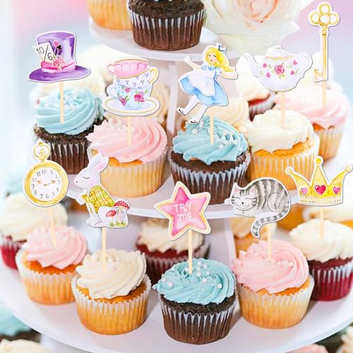 40 PCS Alice In Wonderland Cupcake Toppers Bowl Key Clock Fairy Eat Me Cupcake Picks Cat Bunny Try Me Cupcake Topper for Tea Party Baby shower Kids Girls Birthday Party Cake Decorations Supplies