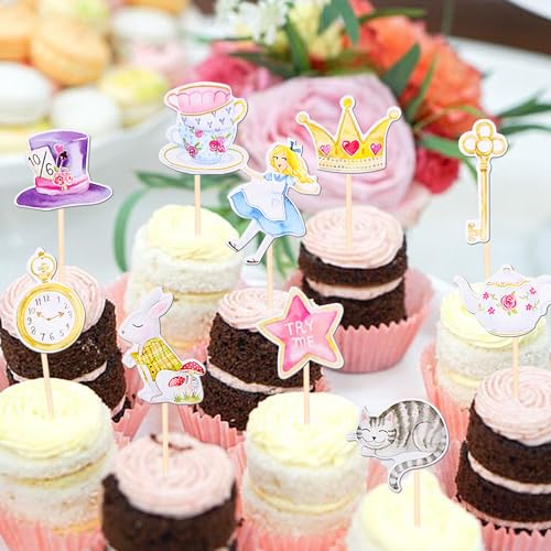 40 PCS Alice In Wonderland Cupcake Toppers Bowl Key Clock Fairy Eat Me Cupcake Picks Cat Bunny Try Me Cupcake Topper for Tea Party Baby shower Kids Girls Birthday Party Cake Decorations Supplies