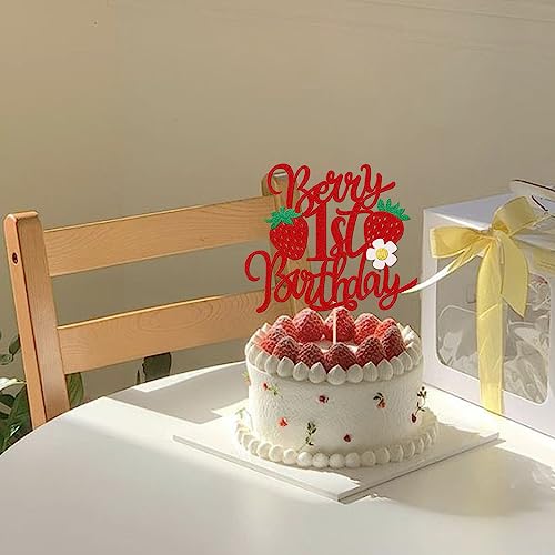 1 PCS Berry 1st Birthday Cake Topper with Flower Glitter Sweet Fruit Theme First Birthday Strawberry One Cake Pick for Strawberry Theme Baby Shower Kids 1st Birthday Party Cake Decorations Supplies