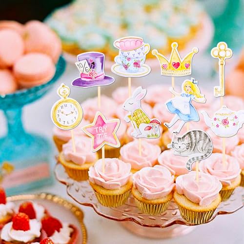 40 PCS Alice In Wonderland Cupcake Toppers Bowl Key Clock Fairy Eat Me Cupcake Picks Cat Bunny Try Me Cupcake Topper for Tea Party Baby shower Kids Girls Birthday Party Cake Decorations Supplies