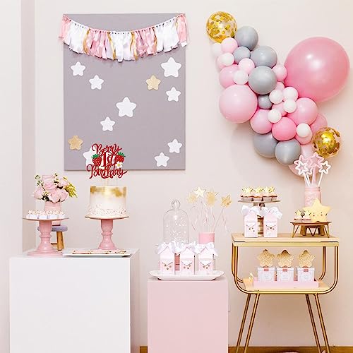 1 PCS Berry 1st Birthday Cake Topper with Flower Glitter Sweet Fruit Theme First Birthday Strawberry One Cake Pick for Strawberry Theme Baby Shower Kids 1st Birthday Party Cake Decorations Supplies