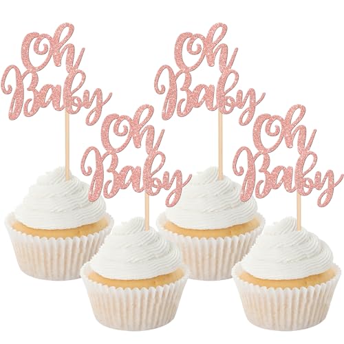 24 PCS Oh Baby Cupcake Toppers Glitter Baby Shower Cupcake Picks for Gender Reveal Baby Shower Kids Girls Birthday Party Cake Decorations Supplies Rose Gold