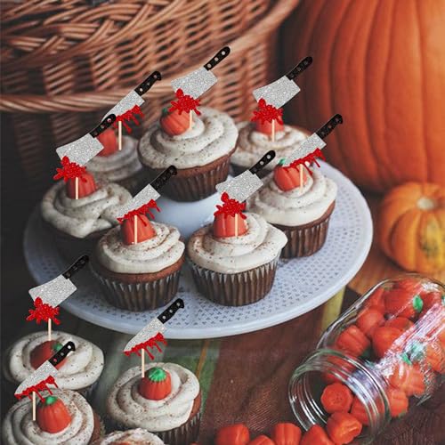 24 PCS Horror Halloween Cupcake Toppers Glitter Scary Blood Knife Cupcake Picks for Halloween Theme Have a killer Birthday Party Cake Decorations Supplies