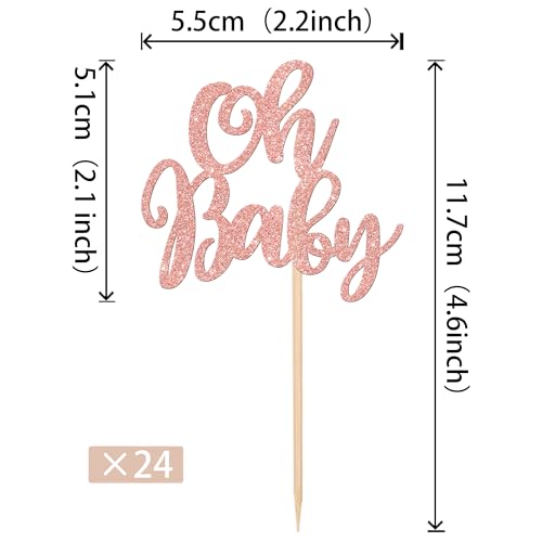 24 PCS Oh Baby Cupcake Toppers Glitter Baby Shower Cupcake Picks for Gender Reveal Baby Shower Kids Girls Birthday Party Cake Decorations Supplies Rose Gold