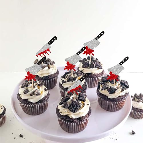 24 PCS Horror Halloween Cupcake Toppers Glitter Scary Blood Knife Cupcake Picks for Halloween Theme Have a killer Birthday Party Cake Decorations Supplies