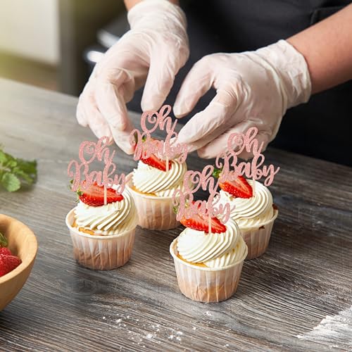 24 PCS Oh Baby Cupcake Toppers Glitter Baby Shower Cupcake Picks for Gender Reveal Baby Shower Kids Girls Birthday Party Cake Decorations Supplies Rose Gold