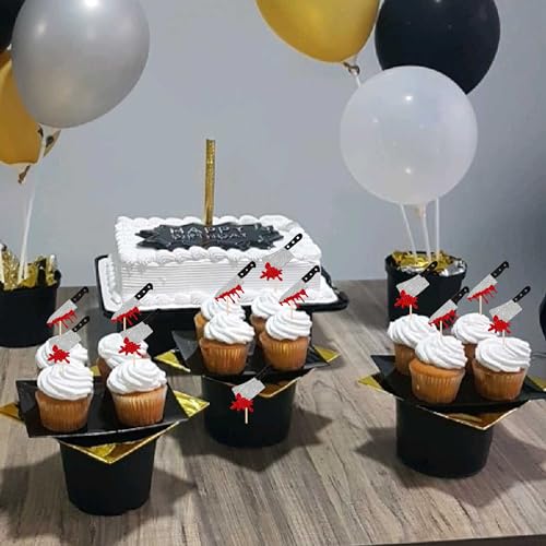 24 PCS Horror Halloween Cupcake Toppers Glitter Scary Blood Knife Cupcake Picks for Halloween Theme Have a killer Birthday Party Cake Decorations Supplies