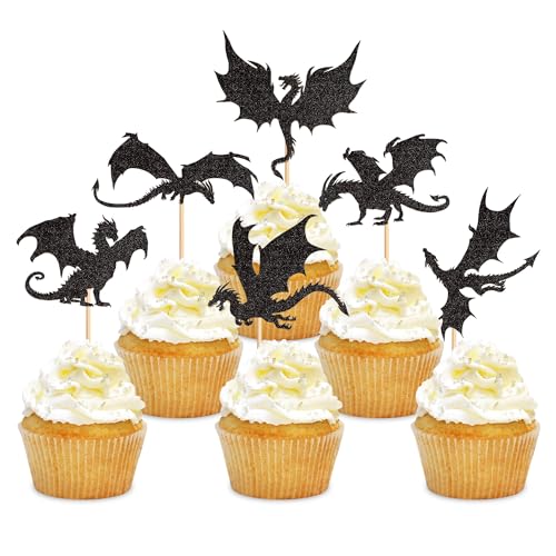 Ercadio 24 Pack Dragon Cupcake Toppers Black Glitter Dragon Cake Picks Cool Dinosaur Cupcake Topper Dragon Cupcake Toppers Picks for Dragon Themed Party Kids Birthday Party Decor Supplies