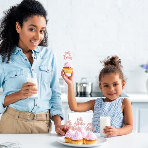 24 PCS Oh Baby Cupcake Toppers Glitter Baby Shower Cupcake Picks for Gender Reveal Baby Shower Kids Girls Birthday Party Cake Decorations Supplies Rose Gold