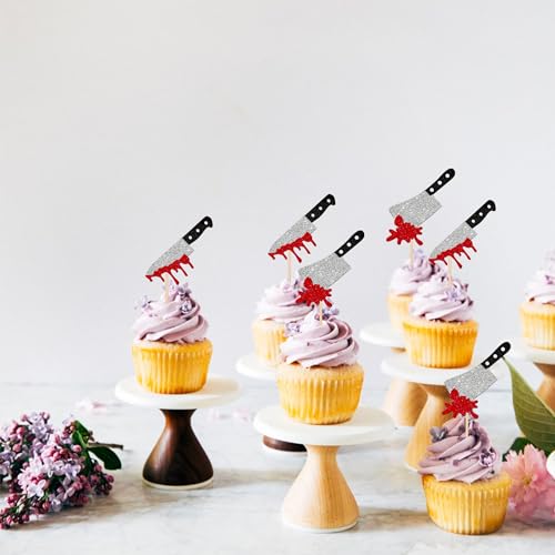 24 PCS Horror Halloween Cupcake Toppers Glitter Scary Blood Knife Cupcake Picks for Halloween Theme Have a killer Birthday Party Cake Decorations Supplies