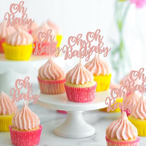 24 PCS Oh Baby Cupcake Toppers Glitter Baby Shower Cupcake Picks for Gender Reveal Baby Shower Kids Girls Birthday Party Cake Decorations Supplies Rose Gold