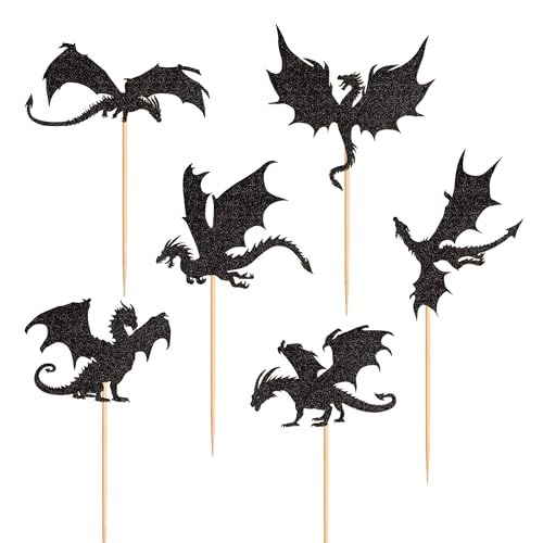 Ercadio 24 Pack Dragon Cupcake Toppers Black Glitter Dragon Cake Picks Cool Dinosaur Cupcake Topper Dragon Cupcake Toppers Picks for Dragon Themed Party Kids Birthday Party Decor Supplies