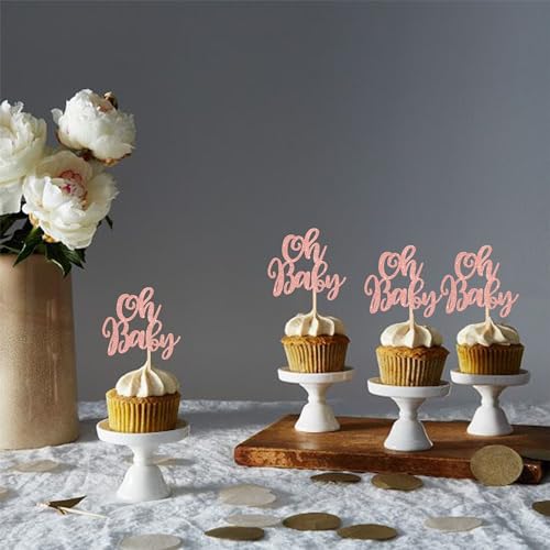 24 PCS Oh Baby Cupcake Toppers Glitter Baby Shower Cupcake Picks for Gender Reveal Baby Shower Kids Girls Birthday Party Cake Decorations Supplies Rose Gold