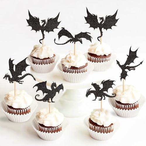 Ercadio 24 Pack Dragon Cupcake Toppers Black Glitter Dragon Cake Picks Cool Dinosaur Cupcake Topper Dragon Cupcake Toppers Picks for Dragon Themed Party Kids Birthday Party Decor Supplies