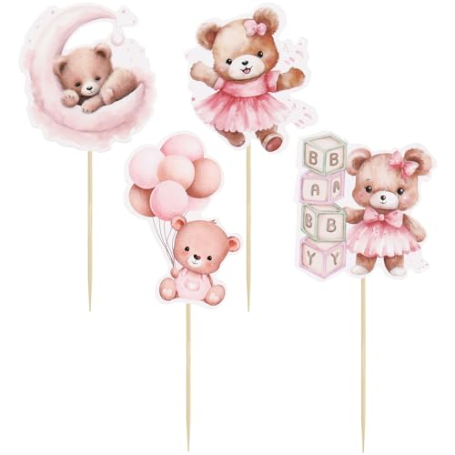 Gyufise 36Pcs Baby Shower Bear Cupcake Toppers Moon Baby Bear Baby Shower Cake Topper Decorations Jungle Animal Theme Baby Shower Birthday Party Cake Supplies Pink