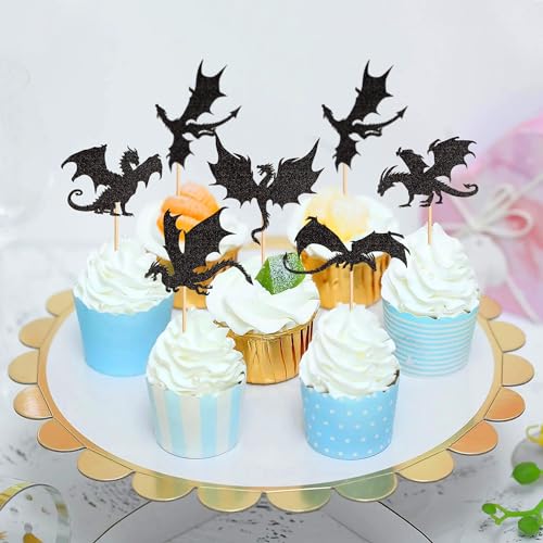 Ercadio 24 Pack Dragon Cupcake Toppers Black Glitter Dragon Cake Picks Cool Dinosaur Cupcake Topper Dragon Cupcake Toppers Picks for Dragon Themed Party Kids Birthday Party Decor Supplies