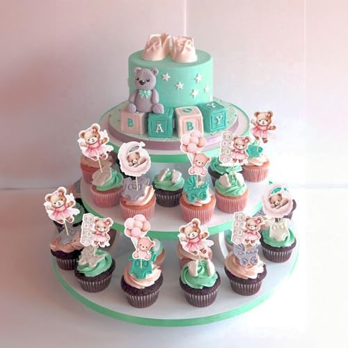 Gyufise 36Pcs Baby Shower Bear Cupcake Toppers Moon Baby Bear Baby Shower Cake Topper Decorations Jungle Animal Theme Baby Shower Birthday Party Cake Supplies Pink