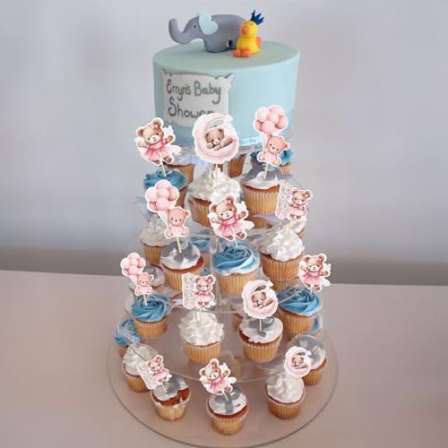 Gyufise 36Pcs Baby Shower Bear Cupcake Toppers Moon Baby Bear Baby Shower Cake Topper Decorations Jungle Animal Theme Baby Shower Birthday Party Cake Supplies Pink