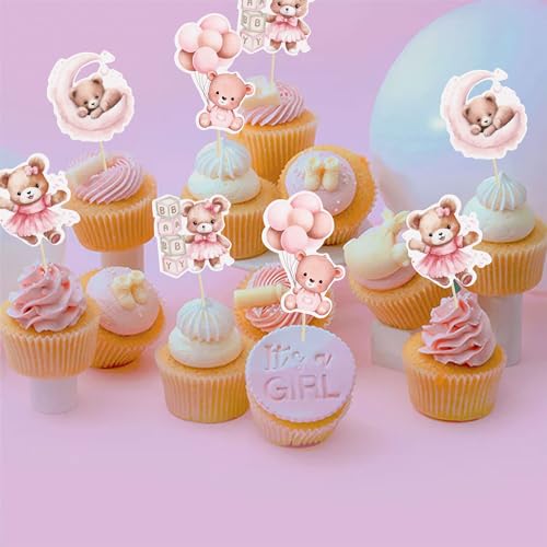 Gyufise 36Pcs Baby Shower Bear Cupcake Toppers Moon Baby Bear Baby Shower Cake Topper Decorations Jungle Animal Theme Baby Shower Birthday Party Cake Supplies Pink