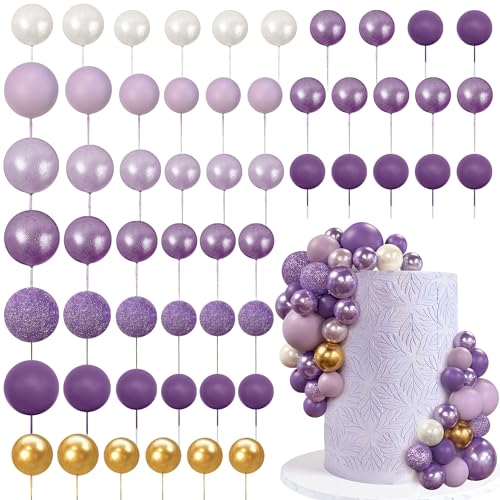 56 PCS Ball Cake Picks Colorful Ball Shaped Cake Topper Pearl Balls Cupcake Cake Insert Topper for Birthday Party Wedding Decoration Supplies Purple Series Seven Colors