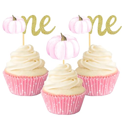 Pumpkin One Cupcake Toppers Fall Birthday Party Cupcake Picks for Pumpkin 1st Birthday Cake Decorations, Little Pumpkin Baby Shower Supplies - set of 24 (one pink)