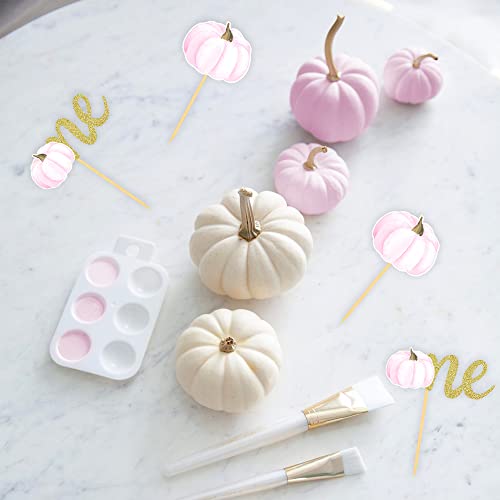 Pumpkin One Cupcake Toppers Fall Birthday Party Cupcake Picks for Pumpkin 1st Birthday Cake Decorations, Little Pumpkin Baby Shower Supplies - set of 24 (one pink)