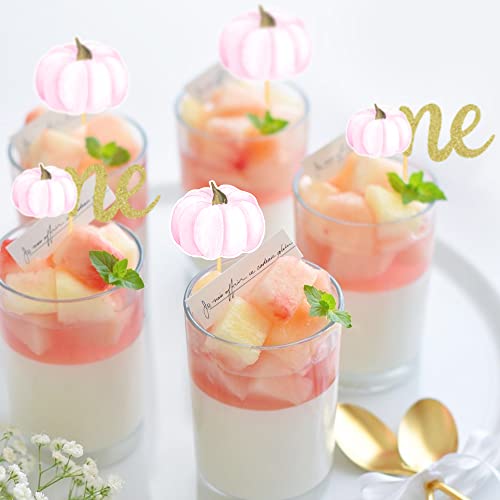 Pumpkin One Cupcake Toppers Fall Birthday Party Cupcake Picks for Pumpkin 1st Birthday Cake Decorations, Little Pumpkin Baby Shower Supplies - set of 24 (one pink)