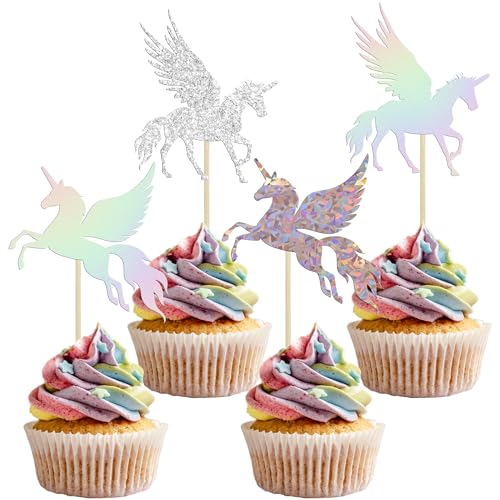 Gyufise 24Pcs Unic Cupcake Toppers Wing Unin Laser Silver Glitter Unrn Horn Cupcake Picks for Baby Shower Birthday Wedding Engagement Party Cake Decorations Supplies