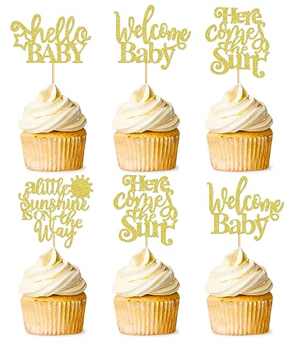 Keaziu 24 Pack A Little Sunshine is On The Way Cupcake Toppers Sunshine Cupcake Picks Here Comes The Sun Welcome Baby for Wedding Baby Shower Birthday Party Decorations Gold