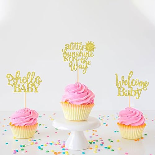 Keaziu 24 Pack A Little Sunshine is On The Way Cupcake Toppers Sunshine Cupcake Picks Here Comes The Sun Welcome Baby for Wedding Baby Shower Birthday Party Decorations Gold
