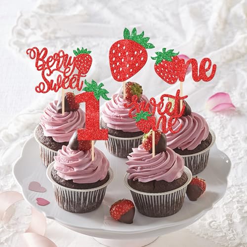 30 PCS Strawberry Sweet One Cupcake Toppers Glitter Berry Sweet 1st Birthday Strawberry Cupcake Picks for Fruit Theme Baby Shower Kids First Birthday Party Cake Decorations Supplies Red