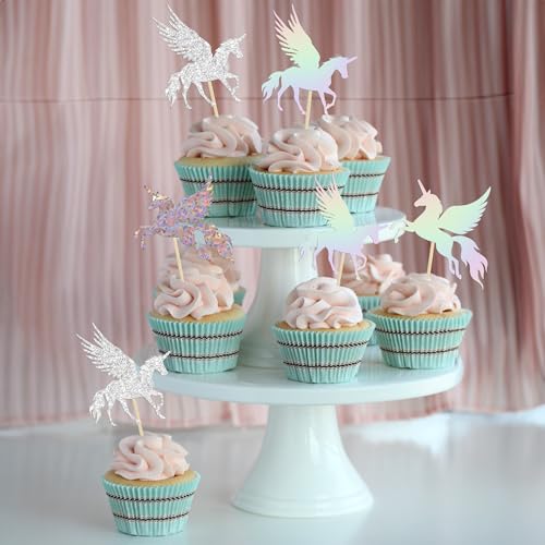 Gyufise 24Pcs Unic Cupcake Toppers Wing Unin Laser Silver Glitter Unrn Horn Cupcake Picks for Baby Shower Birthday Wedding Engagement Party Cake Decorations Supplies