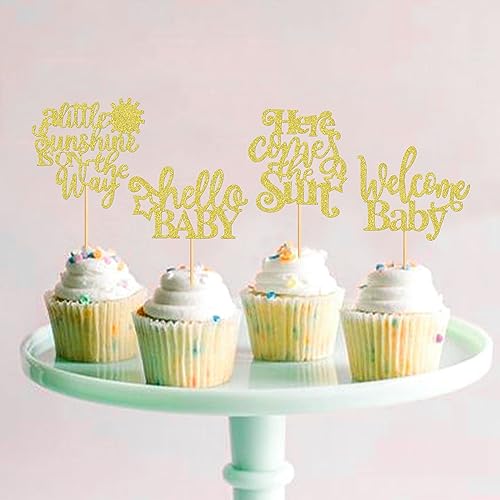 Keaziu 24 Pack A Little Sunshine is On The Way Cupcake Toppers Sunshine Cupcake Picks Here Comes The Sun Welcome Baby for Wedding Baby Shower Birthday Party Decorations Gold