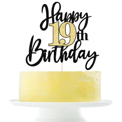 Black Gold Glitter Happy 19th Birthday Cake Topper,Happy 19 Birthday Cake Decoration for 19 & Fabulous Birthday,Hello 19 Party Anniversary Party Cake Decorations Supplies
