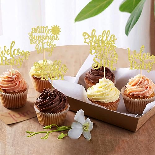 Keaziu 24 Pack A Little Sunshine is On The Way Cupcake Toppers Sunshine Cupcake Picks Here Comes The Sun Welcome Baby for Wedding Baby Shower Birthday Party Decorations Gold
