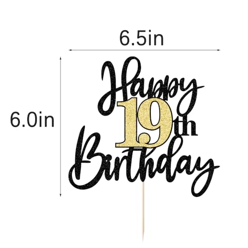 Black Gold Glitter Happy 19th Birthday Cake Topper,Happy 19 Birthday Cake Decoration for 19 & Fabulous Birthday,Hello 19 Party Anniversary Party Cake Decorations Supplies