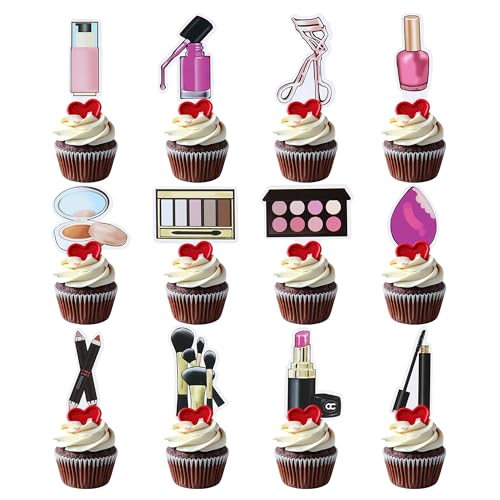 Ercadio 36 Pack Double Sided Makeup Cupcake Toppers Lipstick Cake Picks Makeup Box Cupcake Decors with Eyelash Curler Makeup Brushes for Bridal Shower Cosmetics Party Decorations Supplies