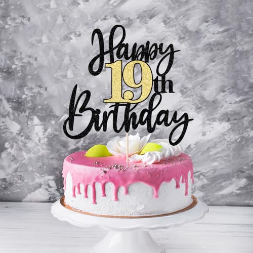 Black Gold Glitter Happy 19th Birthday Cake Topper,Happy 19 Birthday Cake Decoration for 19 & Fabulous Birthday,Hello 19 Party Anniversary Party Cake Decorations Supplies