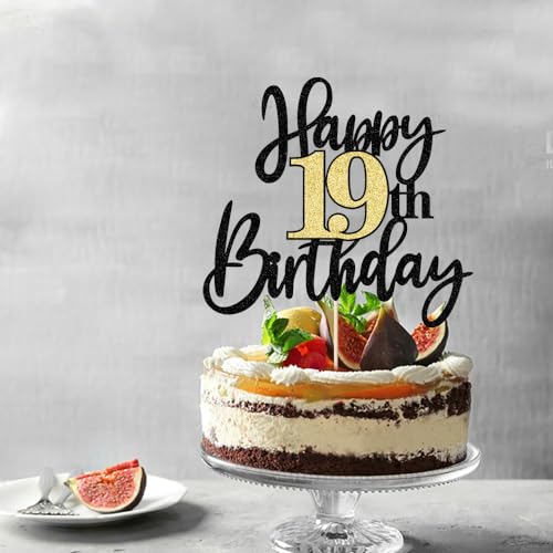 Black Gold Glitter Happy 19th Birthday Cake Topper,Happy 19 Birthday Cake Decoration for 19 & Fabulous Birthday,Hello 19 Party Anniversary Party Cake Decorations Supplies