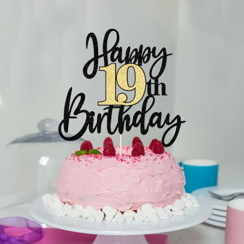 Black Gold Glitter Happy 19th Birthday Cake Topper,Happy 19 Birthday Cake Decoration for 19 & Fabulous Birthday,Hello 19 Party Anniversary Party Cake Decorations Supplies
