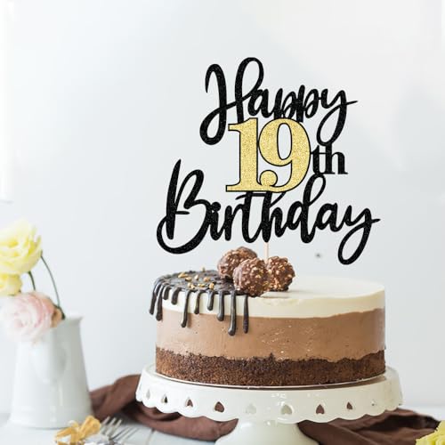 Black Gold Glitter Happy 19th Birthday Cake Topper,Happy 19 Birthday Cake Decoration for 19 & Fabulous Birthday,Hello 19 Party Anniversary Party Cake Decorations Supplies