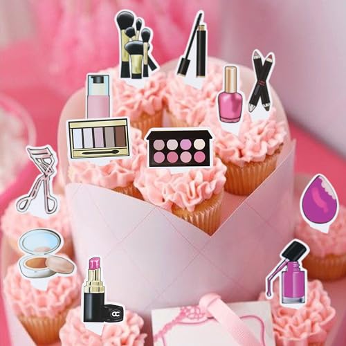 Ercadio 36 Pack Double Sided Makeup Cupcake Toppers Lipstick Cake Picks Makeup Box Cupcake Decors with Eyelash Curler Makeup Brushes for Bridal Shower Cosmetics Party Decorations Supplies