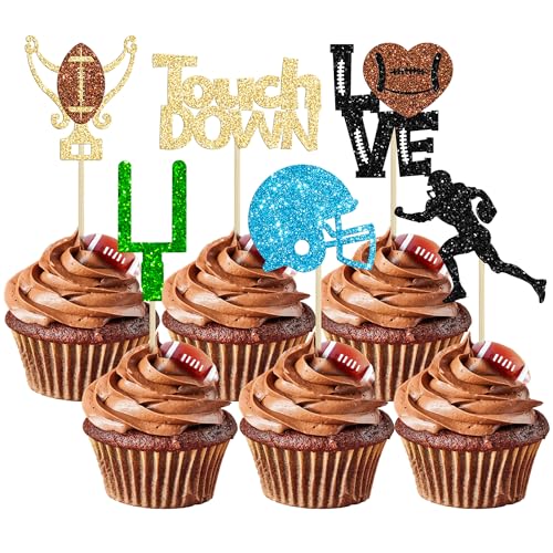 Gyufise 24Pcs Rugby Ball Cupcake Toppers Glitter Touchdown Player Cupcake Picks Trophy Love Rugby Cupcake Toppers Rugby Cake Decor for Rugby Sports Theme Baby Shower Party Supplies