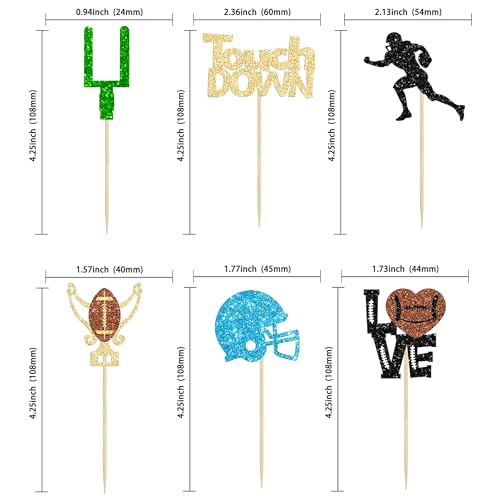 Gyufise 24Pcs Rugby Ball Cupcake Toppers Glitter Touchdown Player Cupcake Picks Trophy Love Rugby Cupcake Toppers Rugby Cake Decor for Rugby Sports Theme Baby Shower Party Supplies